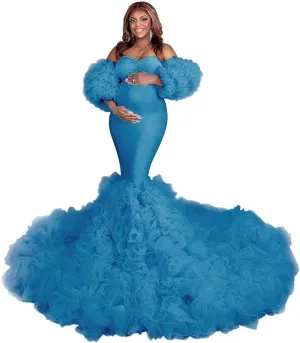 Changuan Puffy Maternity Dress for Photoshoot Tulle Bridal Robes Ruffle Mermaid Pregnancy Gowns Baby Shower Dress