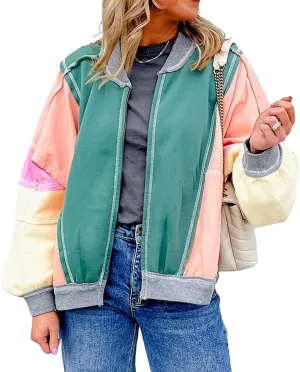 CHARTOU Women Vintage Varsity Jacket Baseball Bomber Jacket Coat Zipper Patchwork Colorblock 90s Letterman Jacket Y2K