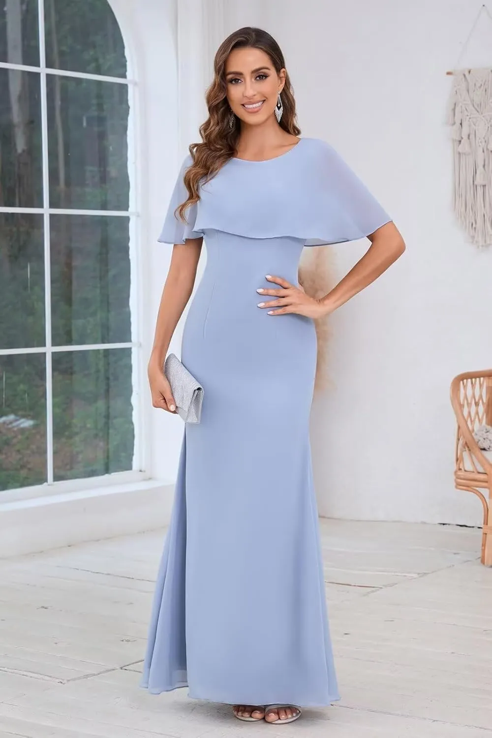 Chiffon Mermaid Mother of The Bride Dresses for Wedding Long Mermaid Formal Evening Dress with Cape
