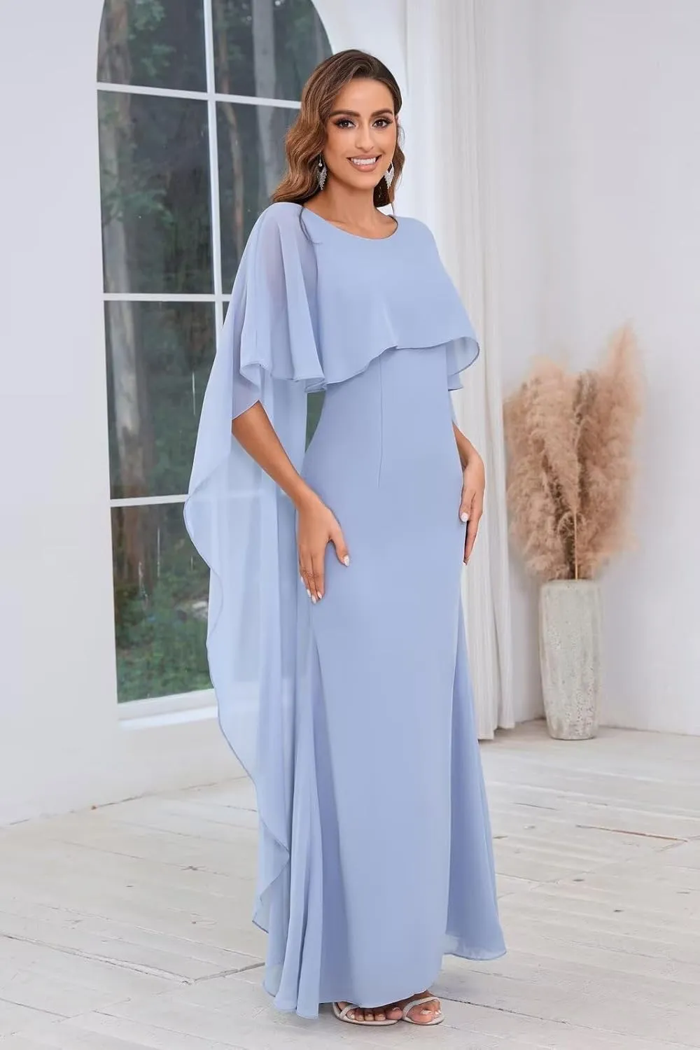 Chiffon Mermaid Mother of The Bride Dresses for Wedding Long Mermaid Formal Evening Dress with Cape