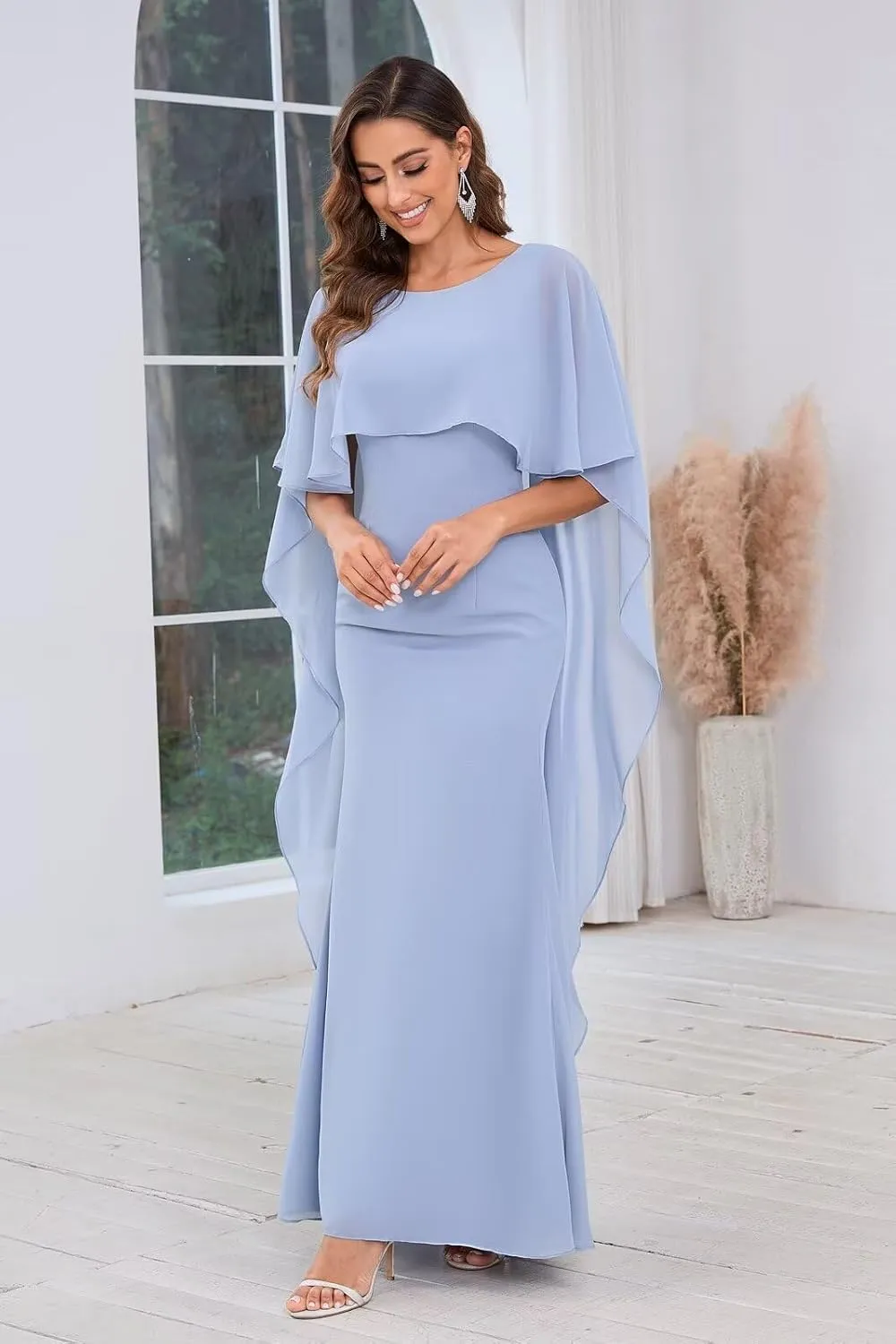 Chiffon Mermaid Mother of The Bride Dresses for Wedding Long Mermaid Formal Evening Dress with Cape