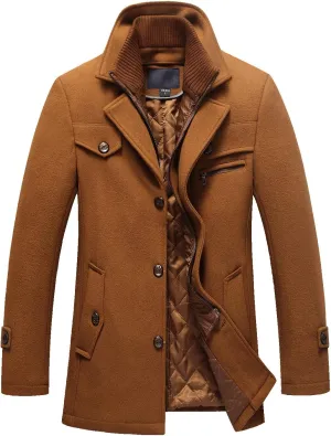 chouyatou Men's Gentle Layered Collar Single Breasted Quilted Lined Wool Blend Pea Coats