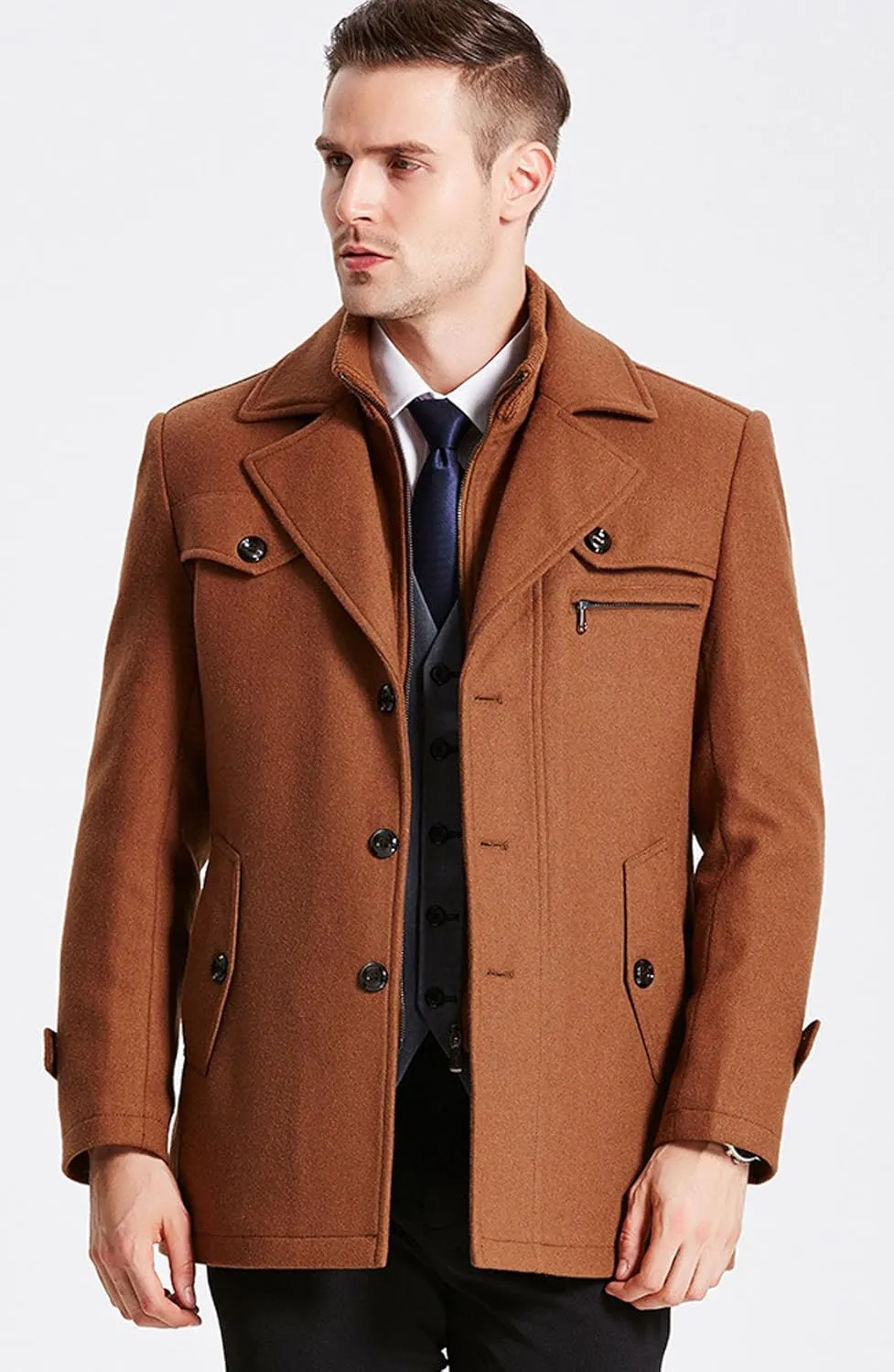 chouyatou Men's Gentle Layered Collar Single Breasted Quilted Lined Wool Blend Pea Coats