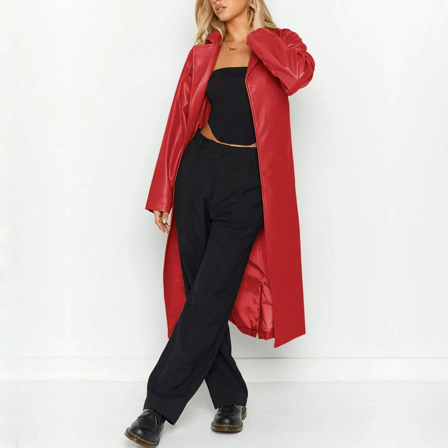 chouyatou Women's Casual Lapel Open Front Pu Faux Leather Long Trench Coat with Belt