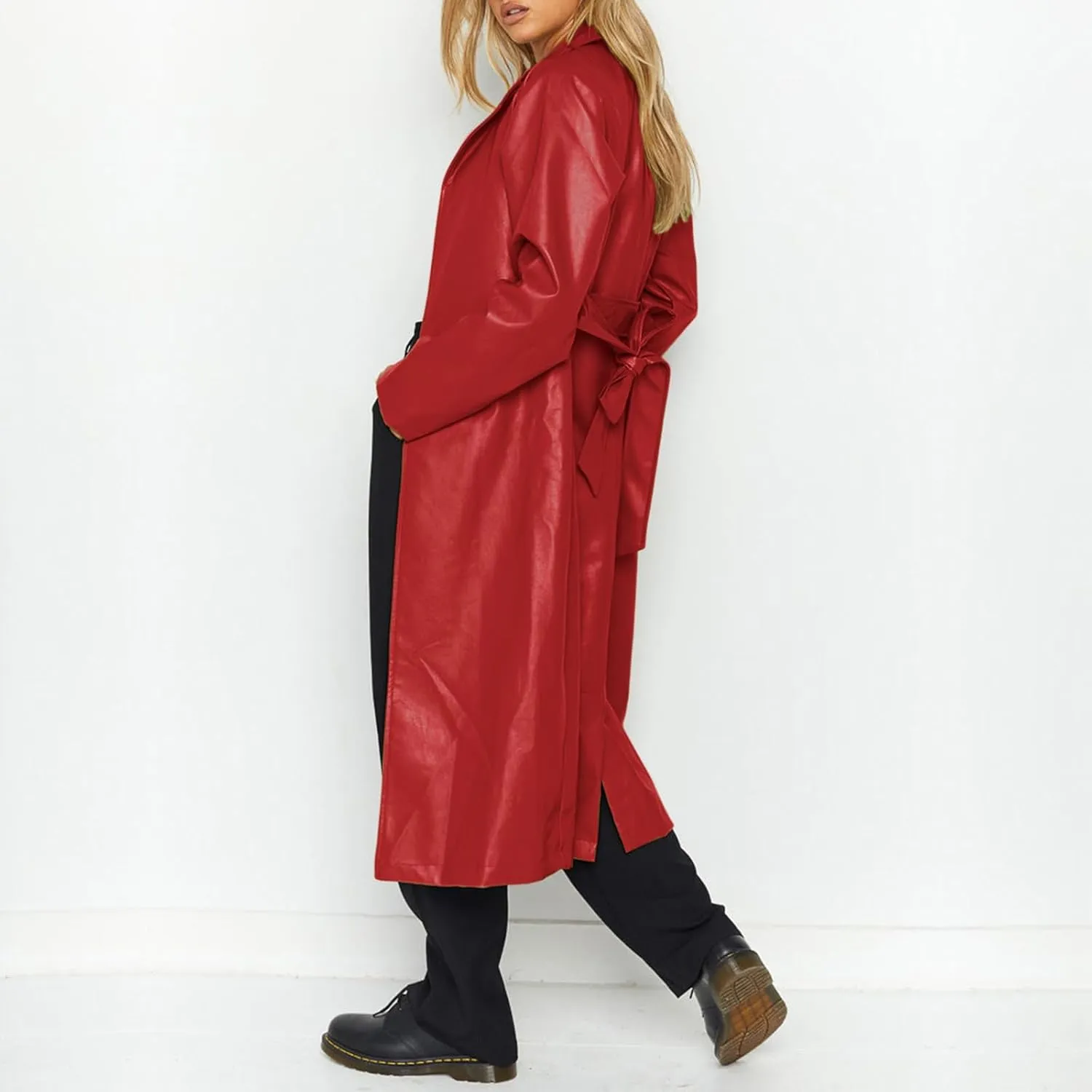 chouyatou Women's Casual Lapel Open Front Pu Faux Leather Long Trench Coat with Belt