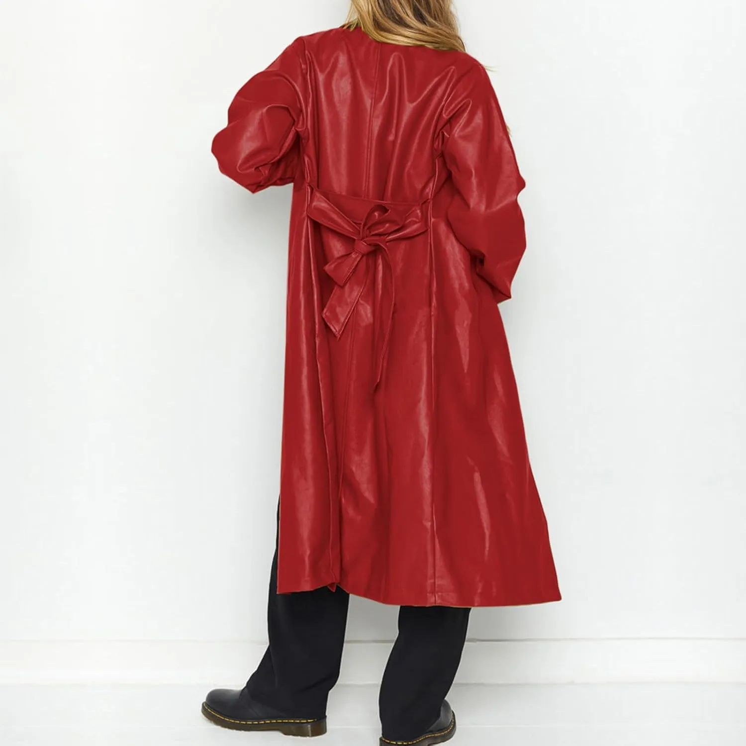chouyatou Women's Casual Lapel Open Front Pu Faux Leather Long Trench Coat with Belt