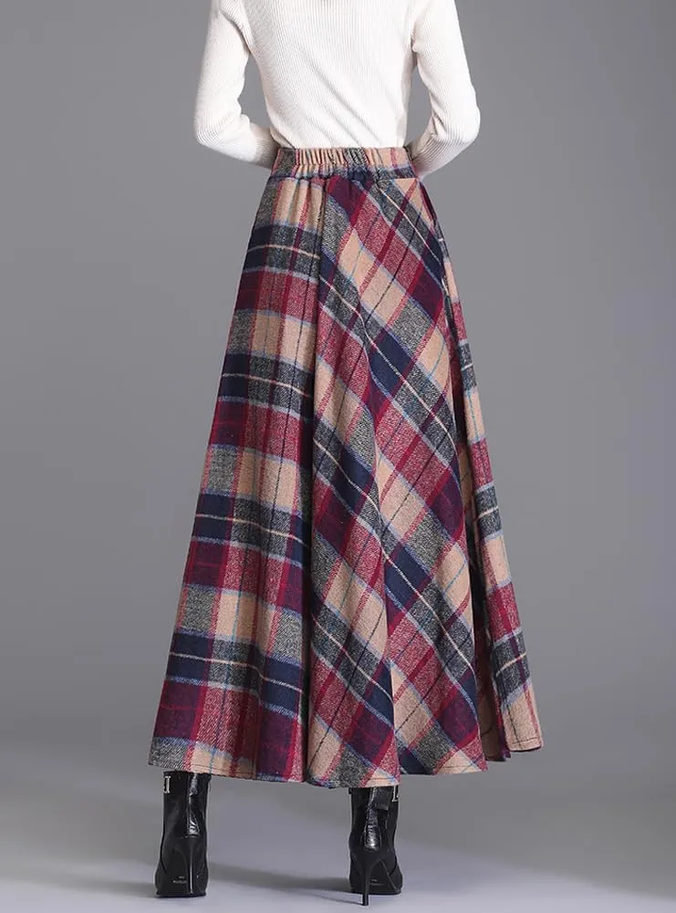 chouyatou Women's Elastic Waist Plaid Wool Blend Skirt Checkered Pattern A Line Pleated Wool Long Skirt with Pockets