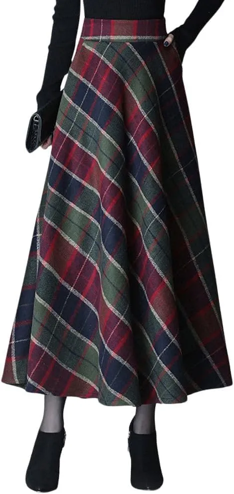 chouyatou Women's Elastic Waist Plaid Wool Blend Skirt Checkered Pattern A Line Pleated Wool Long Skirt with Pockets