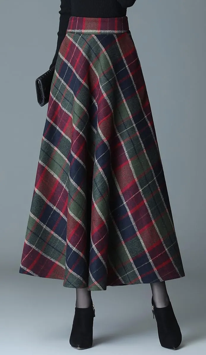 chouyatou Women's Elastic Waist Plaid Wool Blend Skirt Checkered Pattern A Line Pleated Wool Long Skirt with Pockets