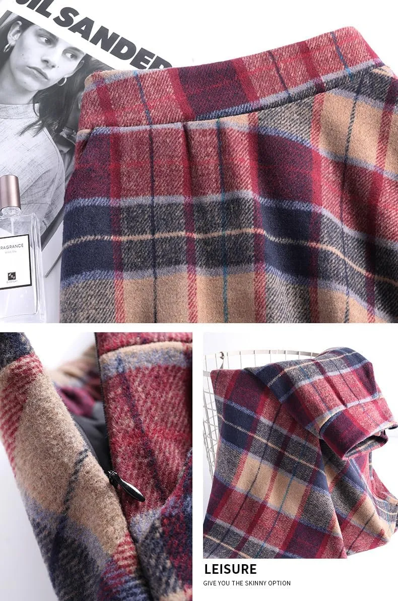 chouyatou Women's Elastic Waist Plaid Wool Blend Skirt Checkered Pattern A Line Pleated Wool Long Skirt with Pockets