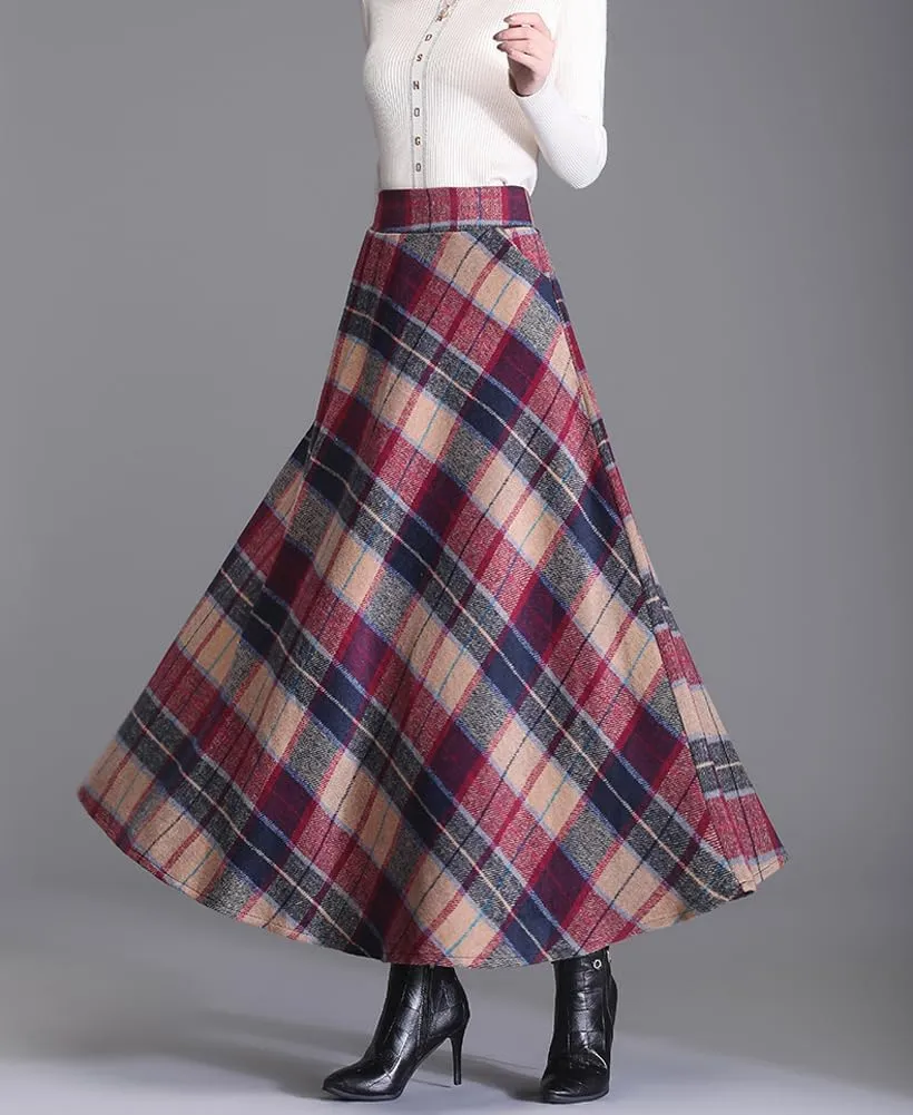 chouyatou Women's Elastic Waist Plaid Wool Blend Skirt Checkered Pattern A Line Pleated Wool Long Skirt with Pockets
