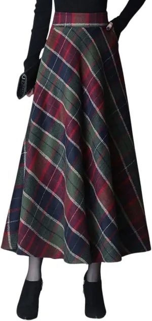 chouyatou Women's Elastic Waist Plaid Wool Blend Skirt Checkered Pattern A Line Pleated Wool Long Skirt with Pockets