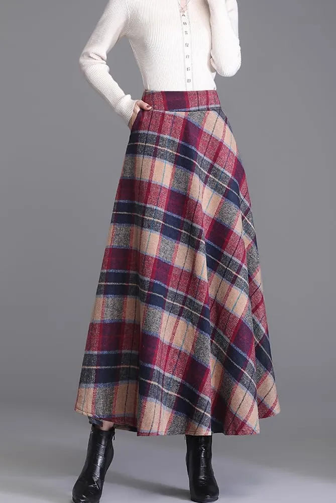 chouyatou Women's Elastic Waist Plaid Wool Blend Skirt Checkered Pattern A Line Pleated Wool Long Skirt with Pockets