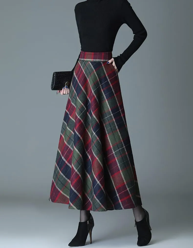 chouyatou Women's Elastic Waist Plaid Wool Blend Skirt Checkered Pattern A Line Pleated Wool Long Skirt with Pockets