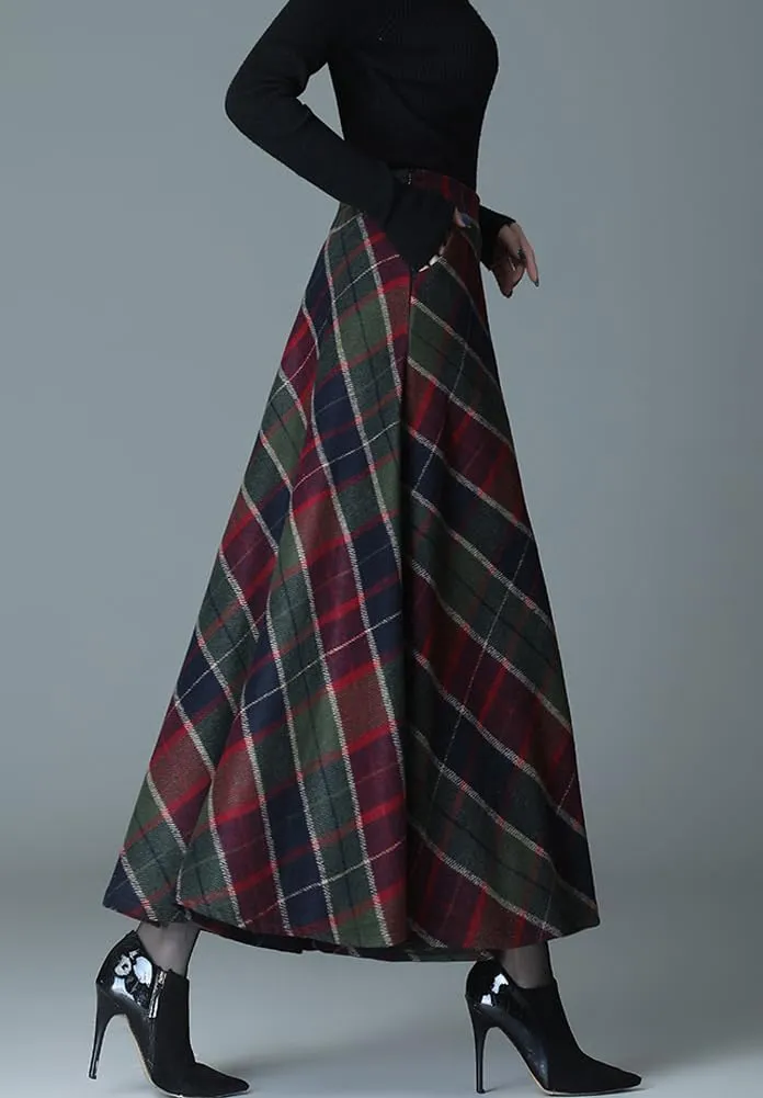 chouyatou Women's Elastic Waist Plaid Wool Blend Skirt Checkered Pattern A Line Pleated Wool Long Skirt with Pockets