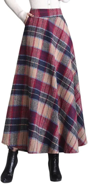 chouyatou Women's Elastic Waist Plaid Wool Blend Skirt Checkered Pattern A Line Pleated Wool Long Skirt with Pockets