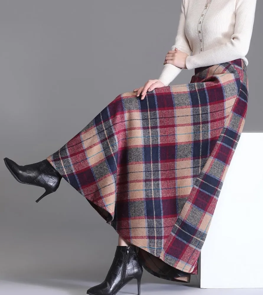 chouyatou Women's Elastic Waist Plaid Wool Blend Skirt Checkered Pattern A Line Pleated Wool Long Skirt with Pockets
