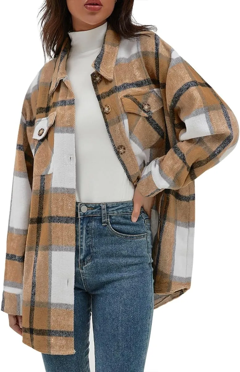 CHYRII Women's Casual Flannel Plaid Shacket Button Down Long Sleeve Shirt Jacket Coats with Pockets