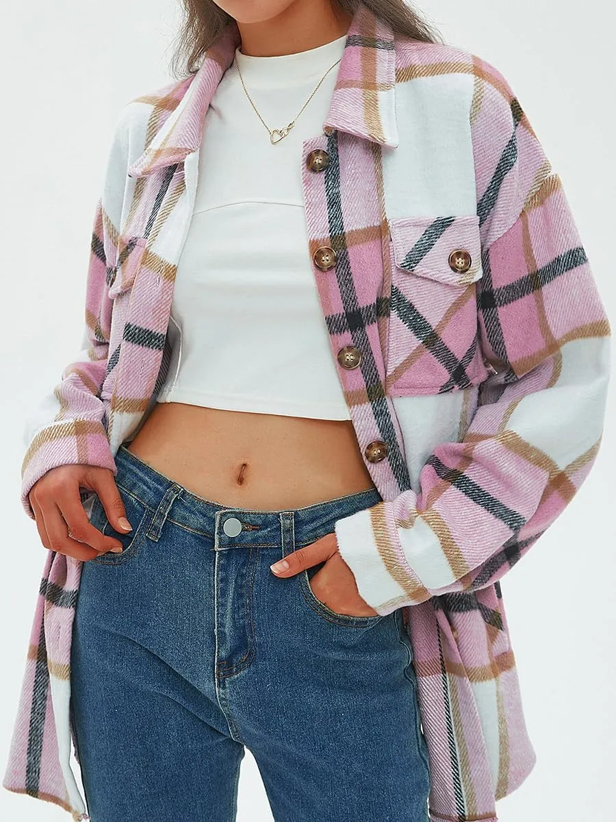 CHYRII Women's Casual Flannel Plaid Shacket Button Down Long Sleeve Shirt Jacket Coats with Pockets