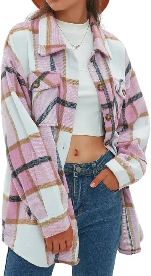 CHYRII Women's Casual Flannel Plaid Shacket Button Down Long Sleeve Shirt Jacket Coats with Pockets