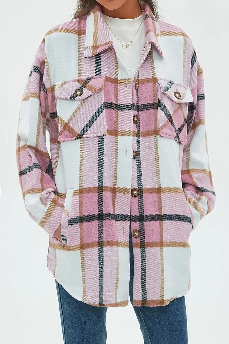 CHYRII Women's Casual Flannel Plaid Shacket Button Down Long Sleeve Shirt Jacket Coats with Pockets
