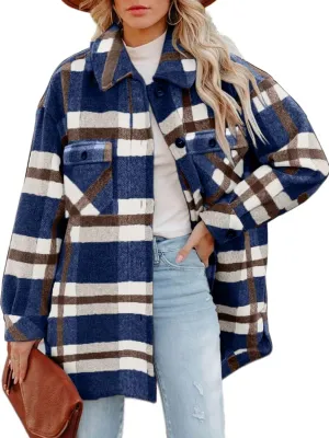 CHYRII Women's Casual Flannel Plaid Shacket Button Down Long Sleeve Shirt Jacket Coats with Pockets