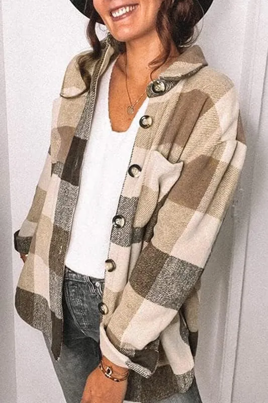 CHYRII Women's Casual Flannel Plaid Shacket Button Down Long Sleeve Shirt Jacket Coats with Pockets
