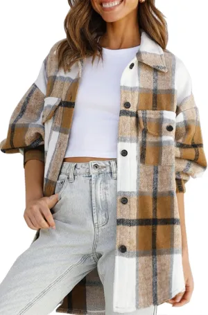 CHYRII Women's Casual Flannel Plaid Shacket Button Down Long Sleeve Shirt Jacket Coats with Pockets