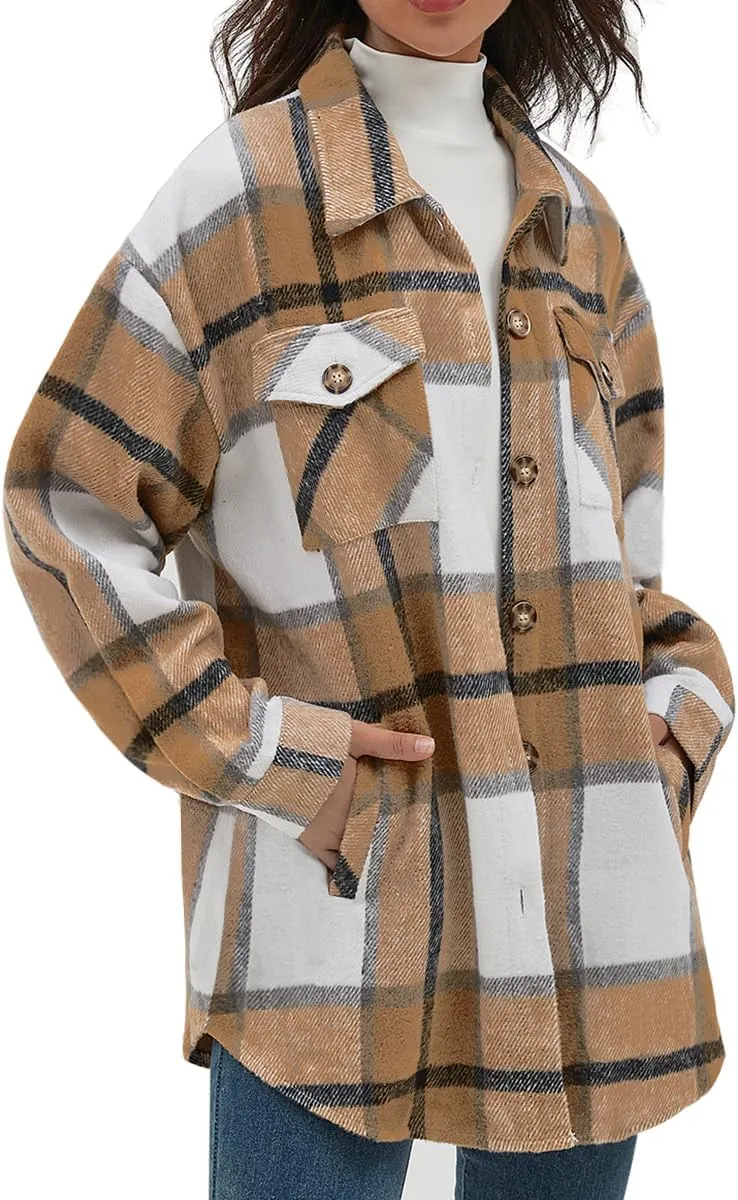 CHYRII Women's Casual Flannel Plaid Shacket Button Down Long Sleeve Shirt Jacket Coats with Pockets