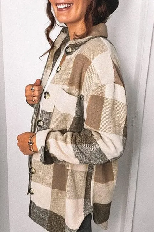 CHYRII Women's Casual Flannel Plaid Shacket Button Down Long Sleeve Shirt Jacket Coats with Pockets