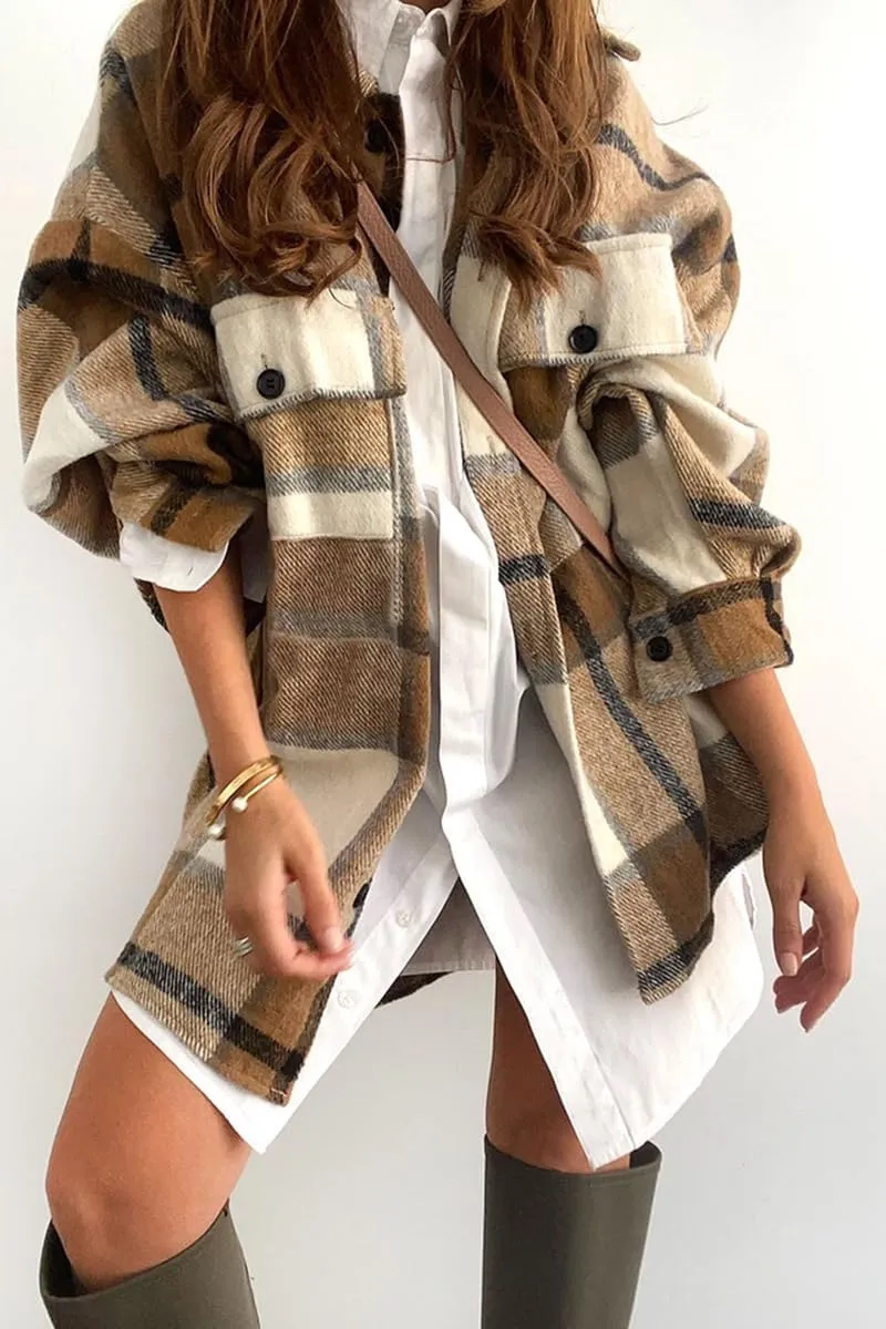 CHYRII Women's Casual Flannel Plaid Shacket Button Down Long Sleeve Shirt Jacket Coats with Pockets