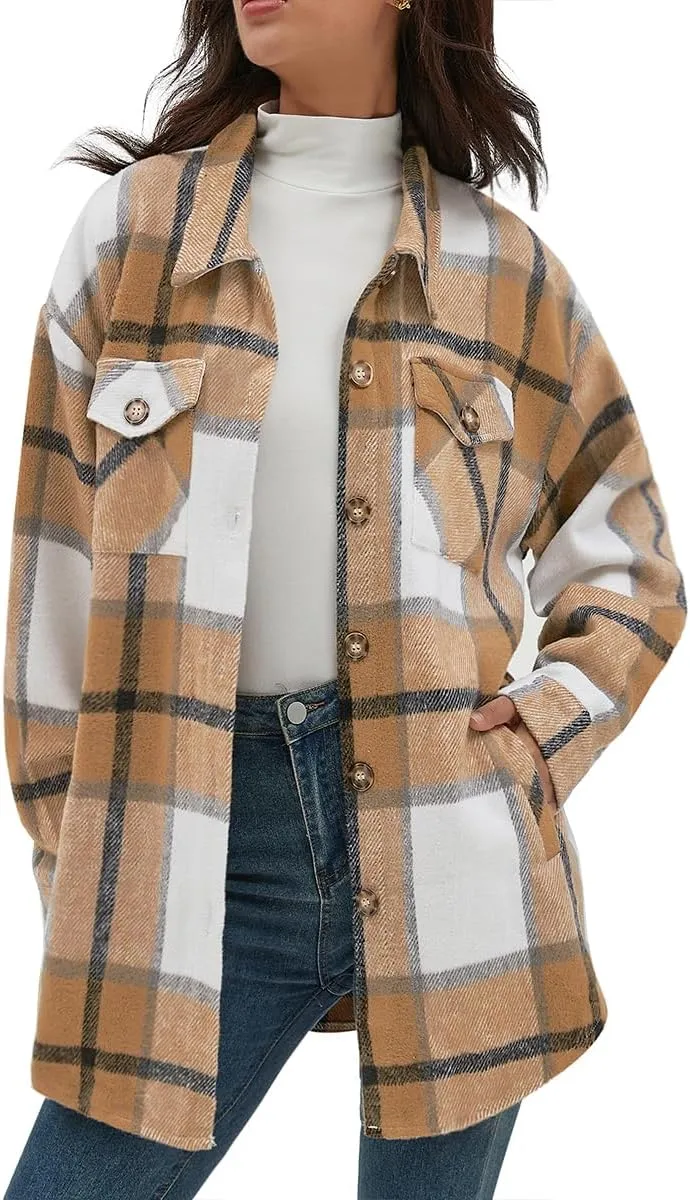 CHYRII Women's Casual Flannel Plaid Shacket Button Down Long Sleeve Shirt Jacket Coats with Pockets