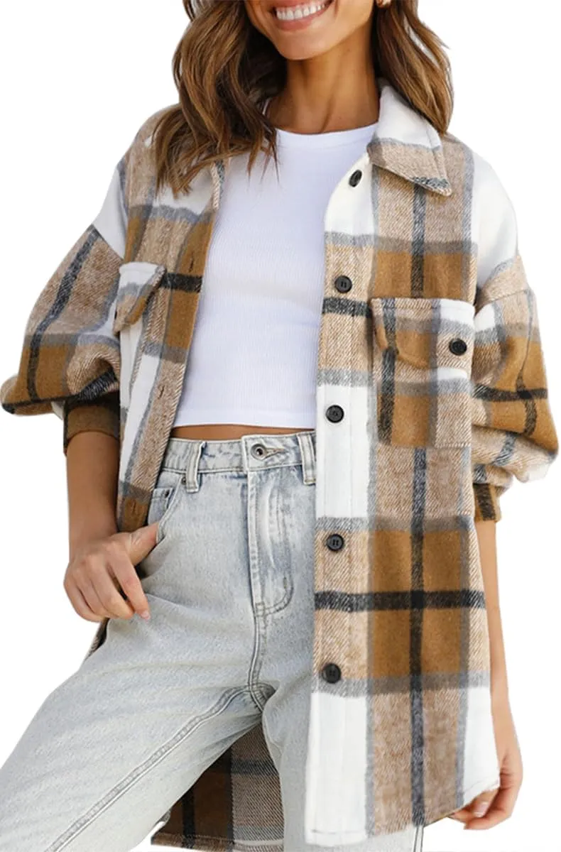 CHYRII Women's Casual Flannel Plaid Shacket Button Down Long Sleeve Shirt Jacket Coats with Pockets