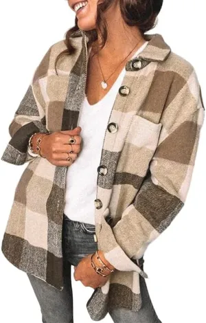 CHYRII Women's Casual Flannel Plaid Shacket Button Down Long Sleeve Shirt Jacket Coats with Pockets
