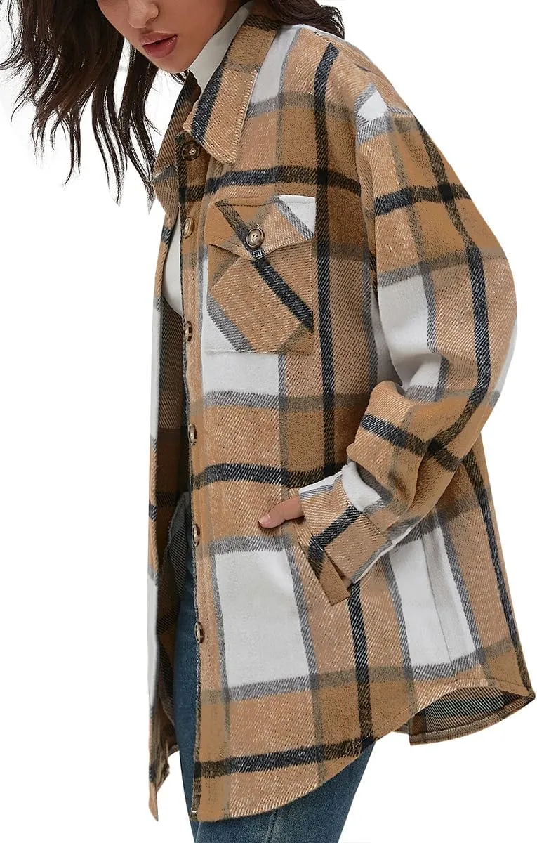 CHYRII Women's Casual Flannel Plaid Shacket Button Down Long Sleeve Shirt Jacket Coats with Pockets