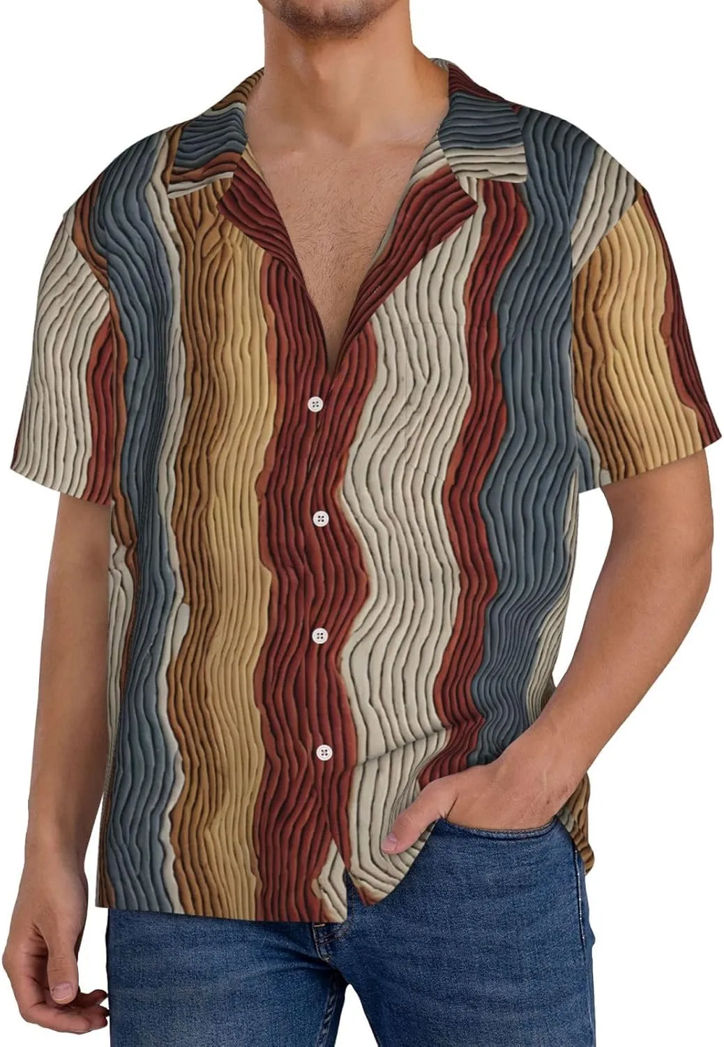 Colorful Stripes Printed Men's Casual Short Sleeve Shirt Hawaiian Button Down Shirt