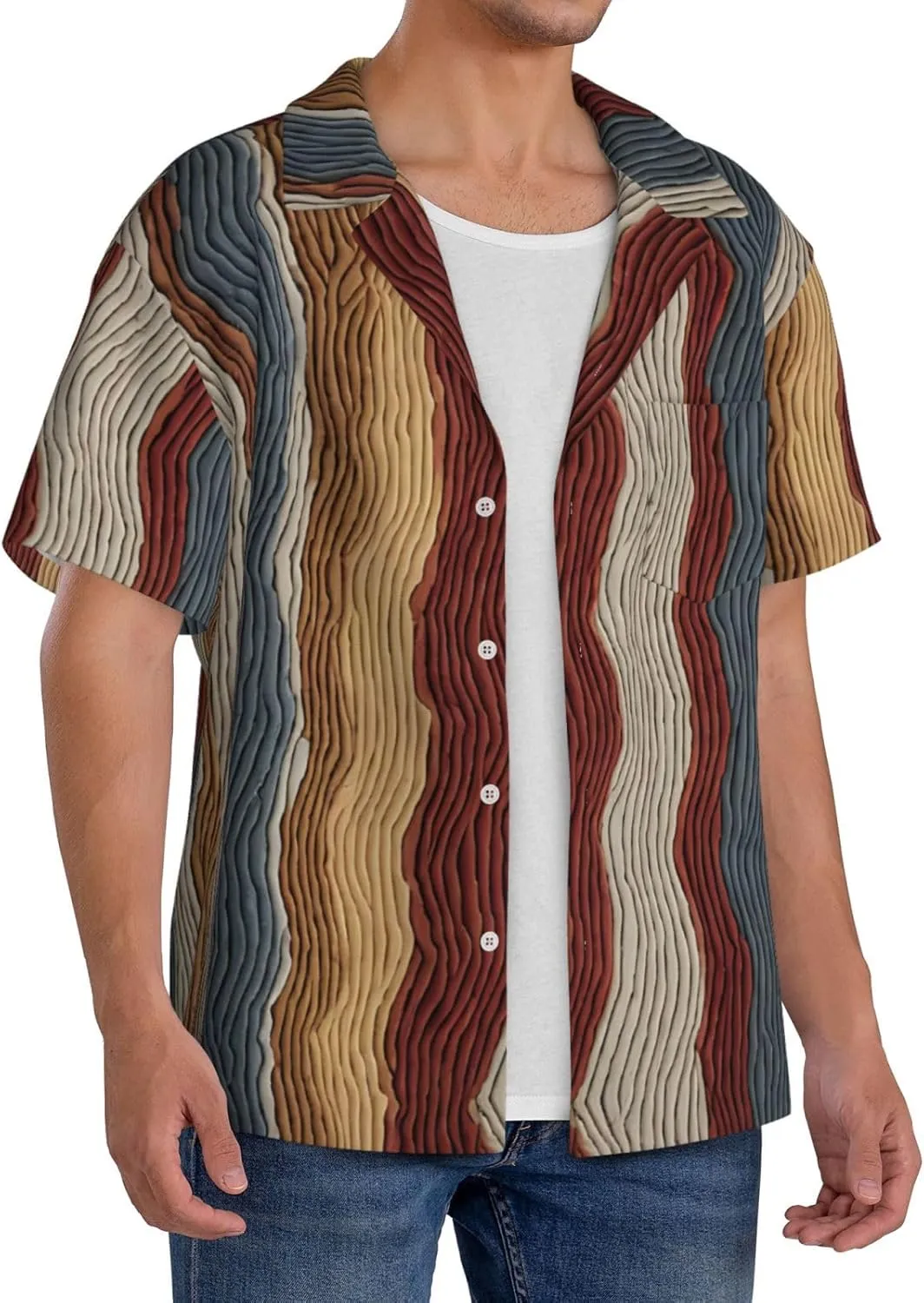 Colorful Stripes Printed Men's Casual Short Sleeve Shirt Hawaiian Button Down Shirt