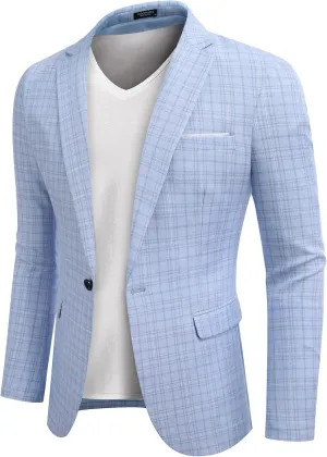 COOFANDY Check Sport Coat Men Plaid Sport Blazers One Button Slim Fit Blazer Suit Jacket (Plaid Blazer - Light Blue M1)