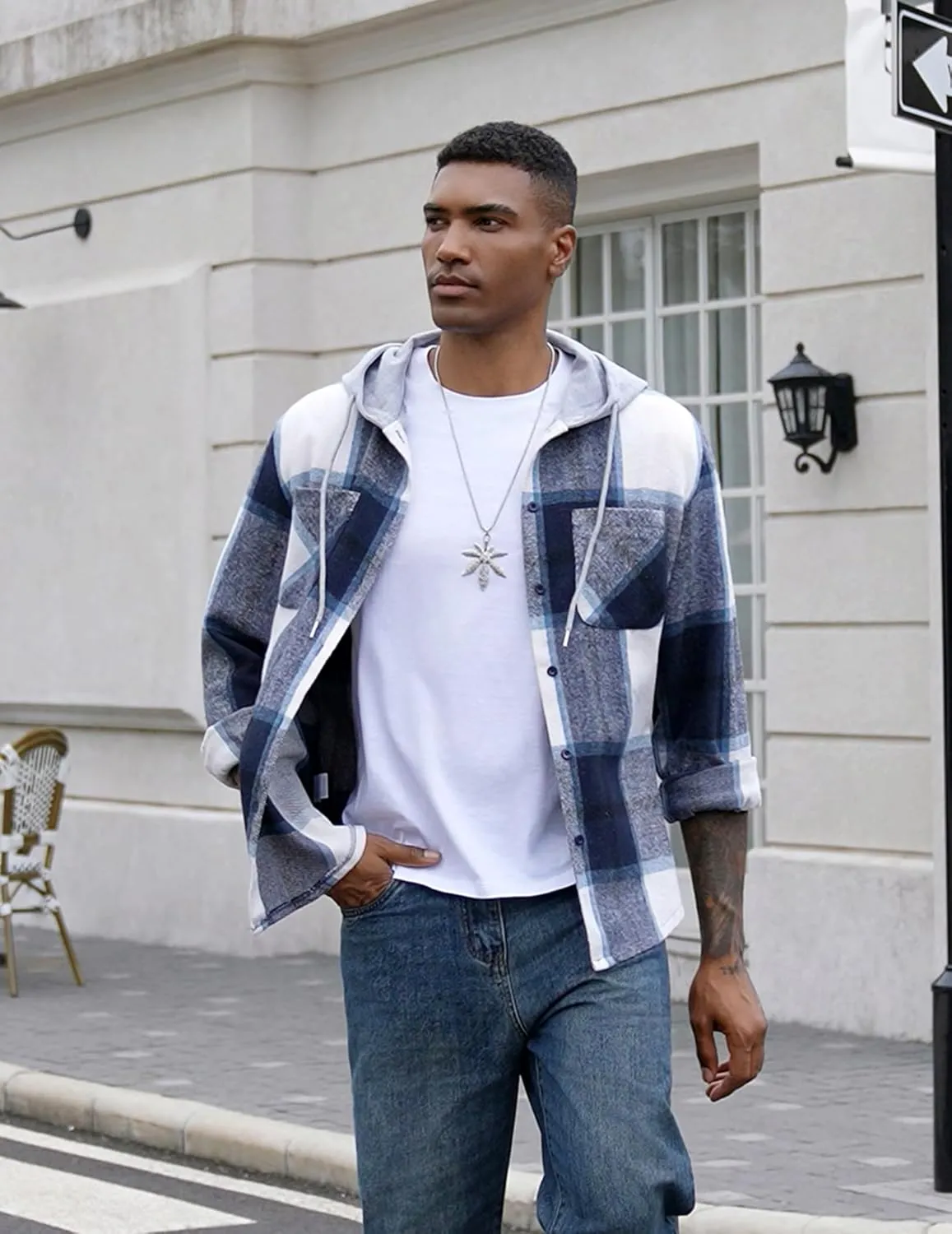 COOFANDY Men's Flannel Hoodie Plaid Shirt Long Sleeve Button Down Casual Shirt Jacket Lightweight Fall Shacket