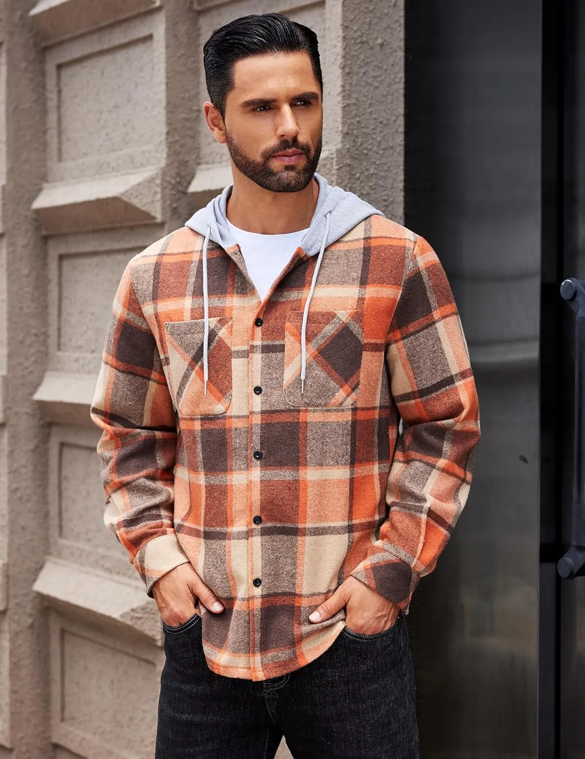 COOFANDY Men's Flannel Hoodie Plaid Shirt Long Sleeve Button Down Casual Shirt Jacket Lightweight Fall Shacket