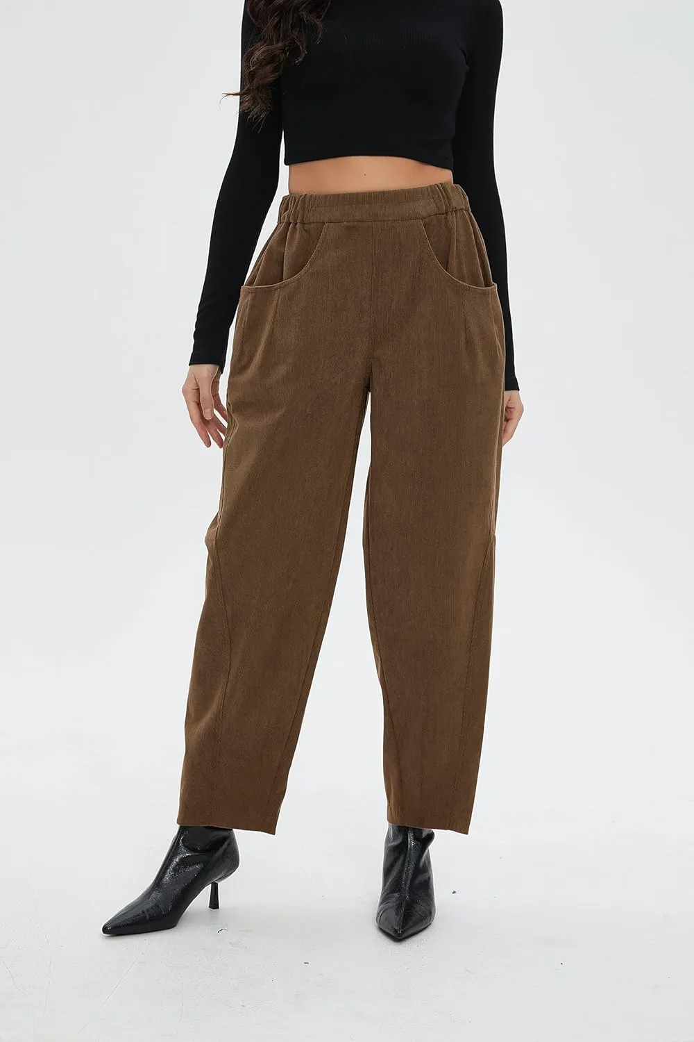 Corduroy Pants for Women Barrel Wide Leg Elastic Waist Pull-On Cord Pants Casual Baggy Trousers with Pockets