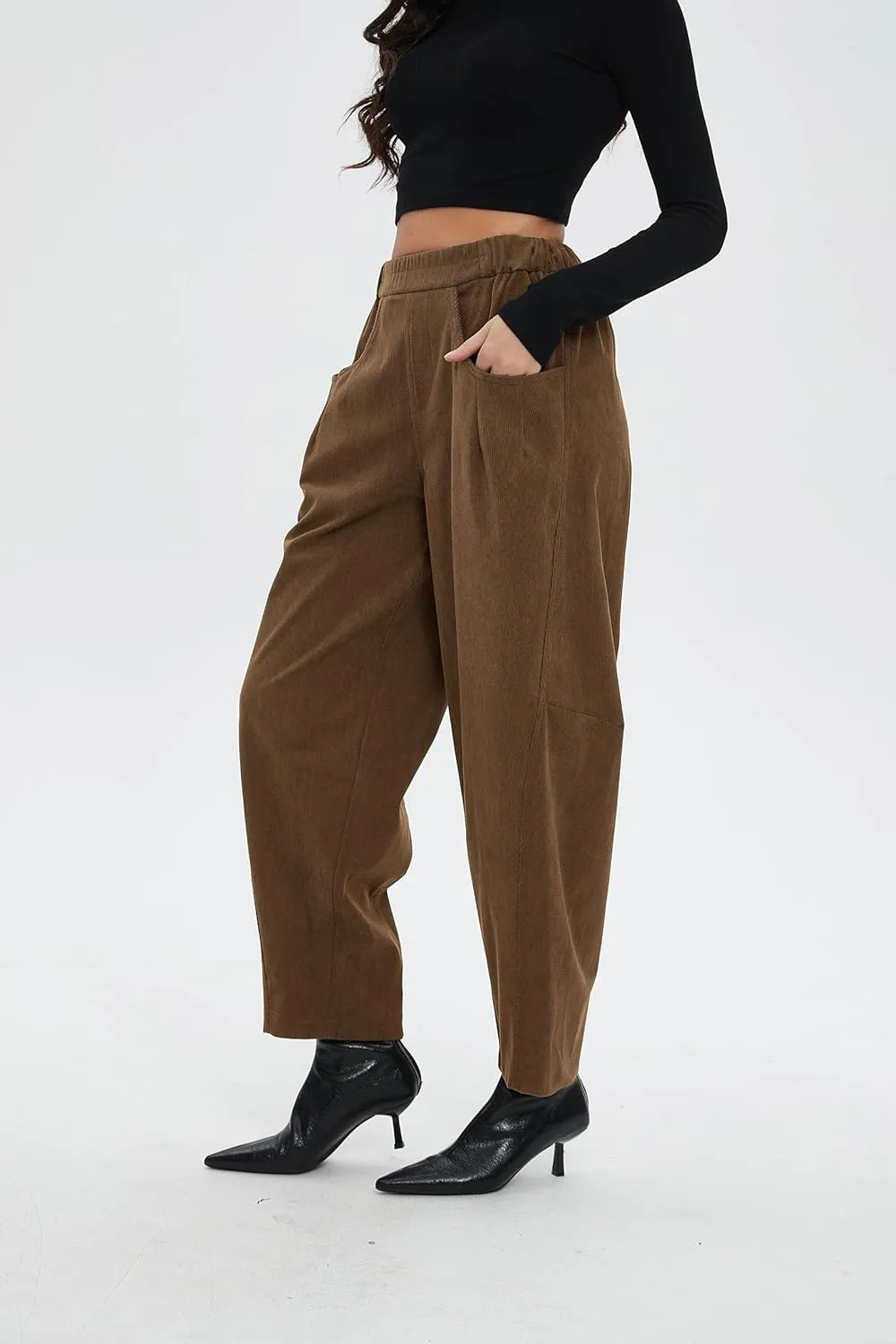 Corduroy Pants for Women Barrel Wide Leg Elastic Waist Pull-On Cord Pants Casual Baggy Trousers with Pockets