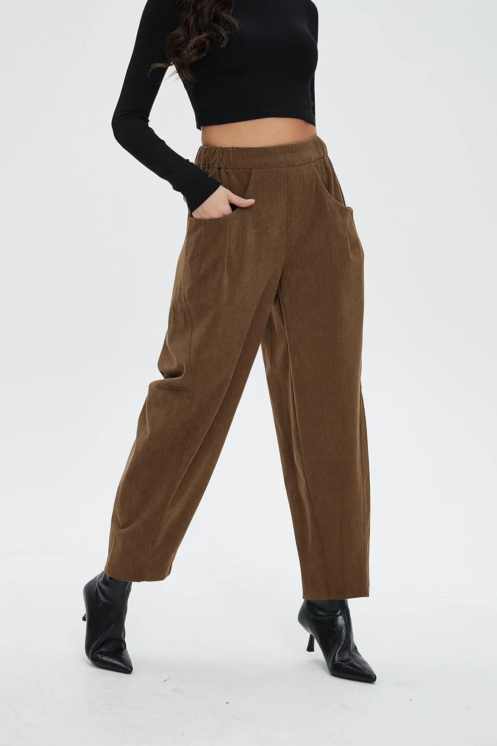 Corduroy Pants for Women Barrel Wide Leg Elastic Waist Pull-On Cord Pants Casual Baggy Trousers with Pockets