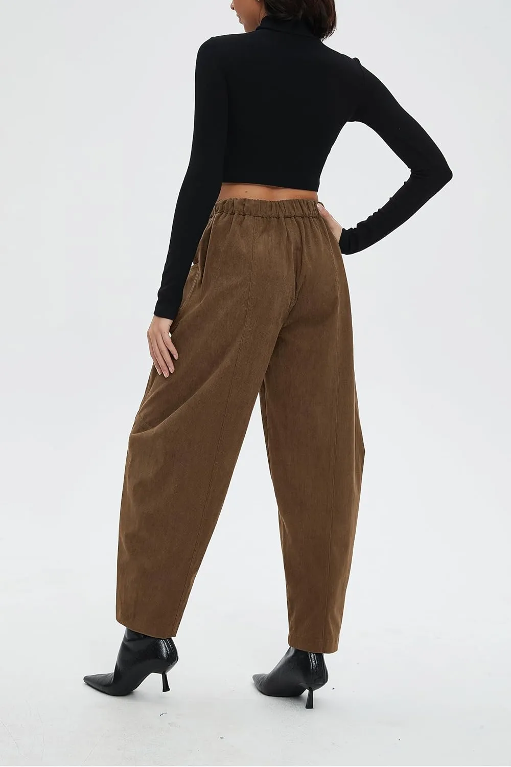 Corduroy Pants for Women Barrel Wide Leg Elastic Waist Pull-On Cord Pants Casual Baggy Trousers with Pockets