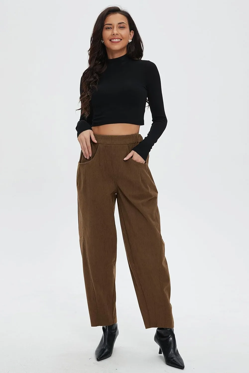 Corduroy Pants for Women Barrel Wide Leg Elastic Waist Pull-On Cord Pants Casual Baggy Trousers with Pockets