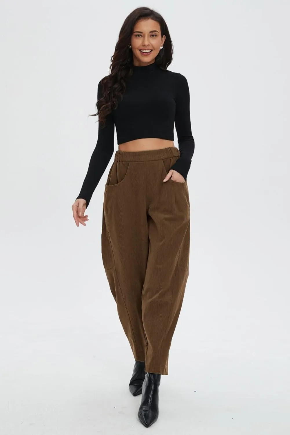 Corduroy Pants for Women Barrel Wide Leg Elastic Waist Pull-On Cord Pants Casual Baggy Trousers with Pockets