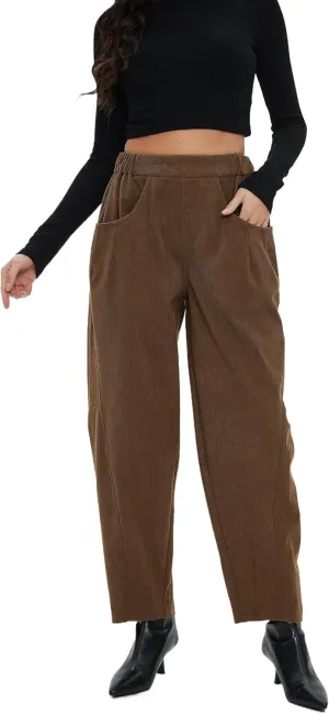 Corduroy Pants for Women Barrel Wide Leg Elastic Waist Pull-On Cord Pants Casual Baggy Trousers with Pockets