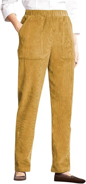 Corduroy Pants for Women Elastic High Waist Pull On Straight Leg Slacks Casual Fall Trousers with Pockets