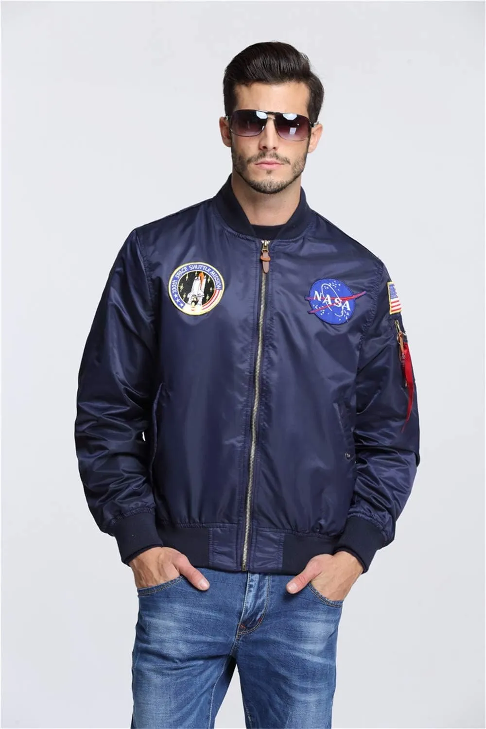 CORIRESHA Mens NASA Embroidery Badge Slim Fit Bomber Jackets Zipper Windbreaker