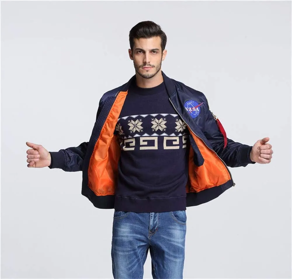 CORIRESHA Mens NASA Embroidery Badge Slim Fit Bomber Jackets Zipper Windbreaker